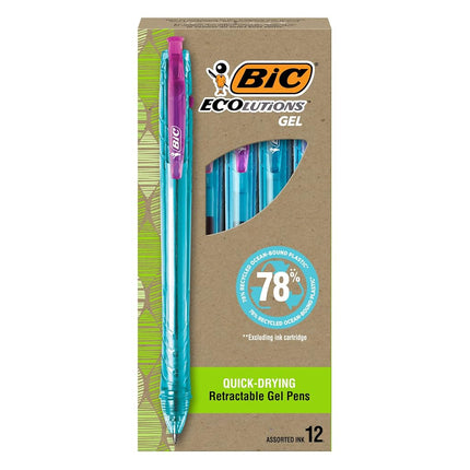 BIC Ecolutions Plastic Gel Pens, Medium Point (1.0mm), 12-Pack, Retractable Assorted Ink Pens Made from 78% Recycled Ocean Bonded Plastic, Excluding