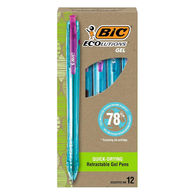 BIC Ecolutions Plastic Gel Pens, Medium Point (1.0mm), 12-Pack, Retractable Assorted Ink Pens Made from 78% Recycled Ocean Bonded Plastic, Excluding