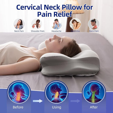 FUNCCUBE Cervical Neck Pillow - Memory Foam Pillows for Pain Relief Sleeping with Cooling Pillowcase, Ergonomic Contour Odorless Bed Pillow for Back Side Shoulder Stomach Sleeper, Queen White