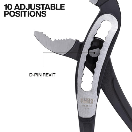 Klein Tools D50512 12-Inch Pump Pliers, Classic Klaw Quick-Adjust Tongue and Groove, Curved Jaw, Hardened Teeth for Maximum Torque