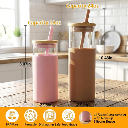 Tronco 24 oz Glass Tumbler with Lids and Straws, Reusable Iced Coffee Cups
