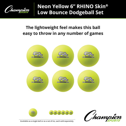 Balón de Dodgeball Champion Sports RXD6NYSET Rhino Skin, Juego de 6, Amarillo Neón, 6"