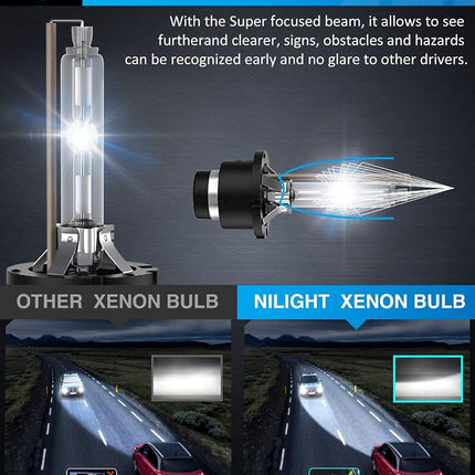 Nilight D2S HID Bulbs, 6000K Diamond White Xenon Replacement D2S HID Headlight Bulb,350% Lighting Distance Super Bright High for 12V Cars, IP67 Design with Metal Stents Base