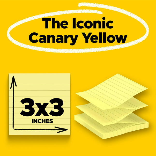 Blocs-notes Post-it lignés escamotables 3M R335YW, 76 x 76 mm, jaunes, 100 feuilles, paquet de 6