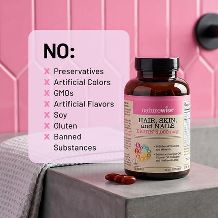 NatureWise Hair Skin and Nails Vitamin, Biotin 5000mcg w/Hyaluronic Acid, Collagen for Women with C, B Complex, D3, A, E, Iron - Non-GMO, Gluten Free - 270 Softgels[3-Month Supply]