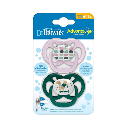 Dr. Brown's Advantage Baby Pacifier, Fully Symmetrical Soother with Soft Silicone Bulb, Scooter Squirrel, 6-18m, BPA Free, 2 Pack