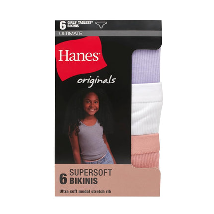 Hanes girls Originals Supersoft Bikini Underwear, Modal Rib Panties for Girls, 6-pack, Bikini - Purple/White/Peach 6-pack, 6