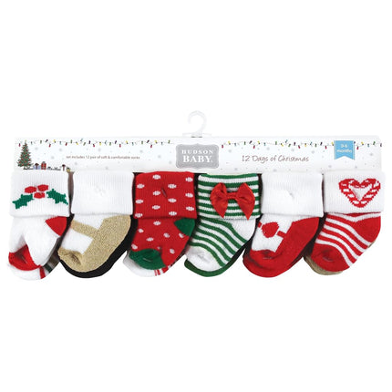 Hudson Baby Baby Girls' Cotton Rich Newborn and Terry Socks, 12 Days of Christmas Girl, 12-24 Months