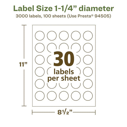 Étiquettes rondes Avery EcoFriendly blanches mates recyclées, diamètre de 3,17 cm, impression bord à bord, étiquettes blanches mates, adhésif permanent, imprimables laser/jet d'encre, 3 000 au total
