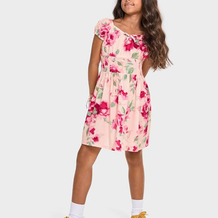 Robes d'été smockées à manches courtes The Children's Place pour filles, Rose cristal fleuri, Très grande taille