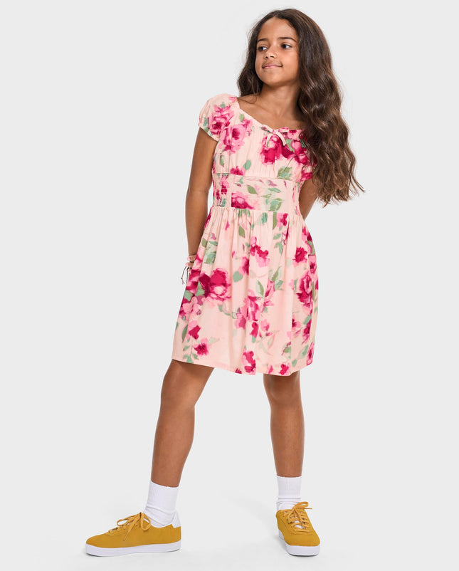 Robes d'été smockées à manches courtes The Children's Place pour filles, Rose cristal fleuri, Très grande taille
