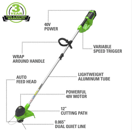 Greenworks 12-Inch 40V Cordless String Trimmer, 2.0 AH Battery Included 2101602