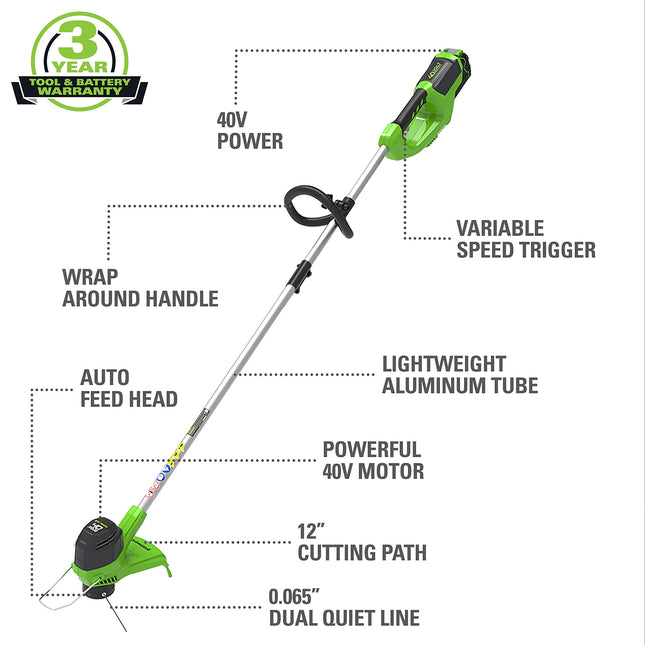 Greenworks 12-Inch 40V Cordless String Trimmer, 2.0 AH Battery Included 2101602