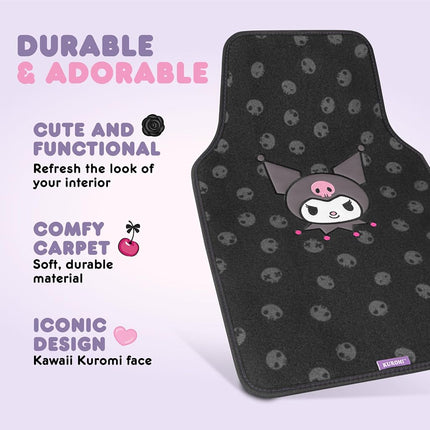 Hello Kitty Kuromi Car Seat Covers - Cute Black and Purple Front Seat Covers with 4PC Carpet Car Floor Mats - Universal Fit for Cars, SUVs & Trucks - Black with Kuromi Print & Purple, Pink Accents