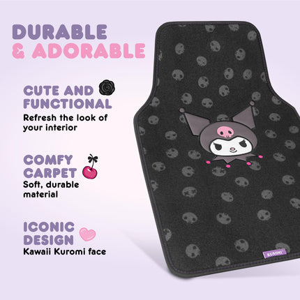 Hello Kitty Kuromi Car Seat Covers - Cute Black and Purple Front Seat Covers with 4PC Carpet Car Floor Mats - Universal Fit for Cars, SUVs & Trucks - Black with Kuromi Print & Purple, Pink Accents