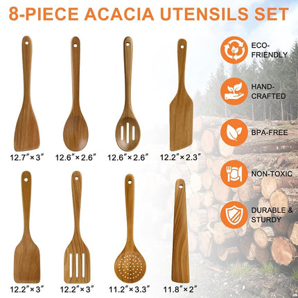 8 Pcs Best Acacia Wood Kitchen Utensil Set Wooden Spoons for Cooking Wok Turner Spatulas Bamboo Non Toxic Cooking Utensils Scraper Spurtle Kitchen Slotted Cooking Spoon Flat Egg Flipper Spatula Set