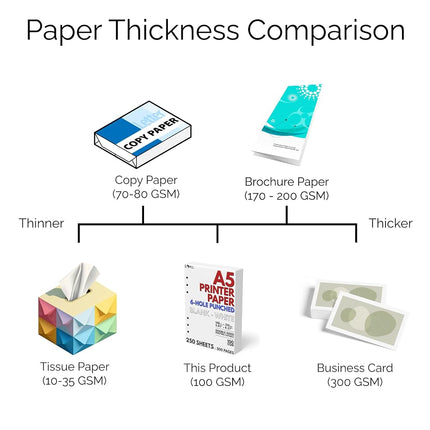 A5 Blank Paper - 250 Sheets - 6 Hole Punched for FiloFax, A5 Planners, Organizers, and Binders - 100 GSM (24 lb.) - 148mm x 210mm (5.83" x 8.27")