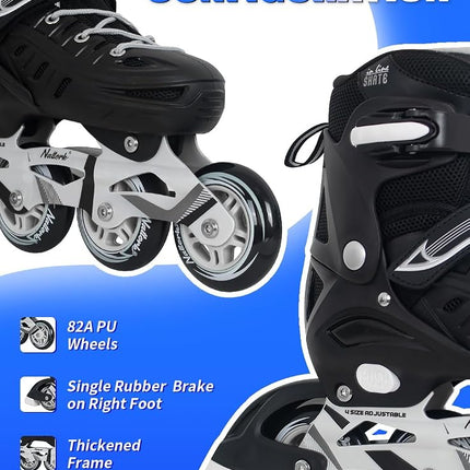 Black Inline Skates for Youth Boys Men, 4 Sizes Adjustable Blades Roller Skates with Ankle Support, Adjustable Strap, 90mm Wheels and Soft Boot Fit for Skating, Roller Derby, Street Hockey
