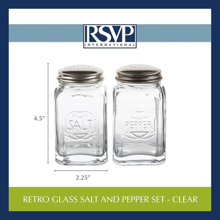 RSVP International Jumbo Retro Glass Salt & Pepper, Screw On Stainless Steel Lid, Each Shaker Holds 8 Ounces, 2.25x2.25x4.3, Clear