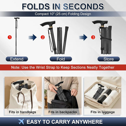 supregear Folding Cane, 5-Level Adjustable Height Walking Stick Lightweight Portable Cane Travel Cane with Wrist Strap and T Handle for Elderly Disabled Men Women, Black Large Floral