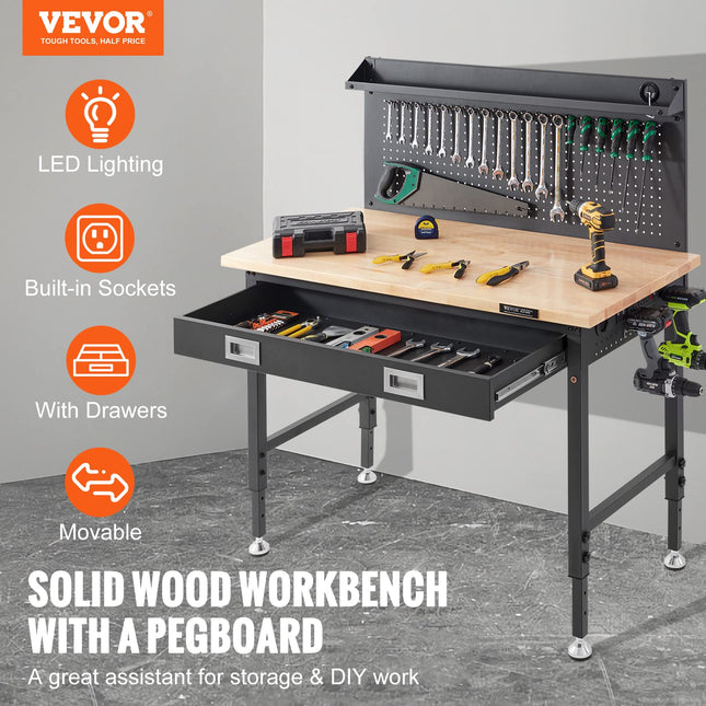 VEVOR Workbench Adjustable Height 28-39.5" Work Bench for Garage Oak Plank & Carbon Steel Heavy Duty Workbench 2000lbs Weight Capacity Bench top Size 48x24 Hardwood Workbench 3m Cable 30 Hooks