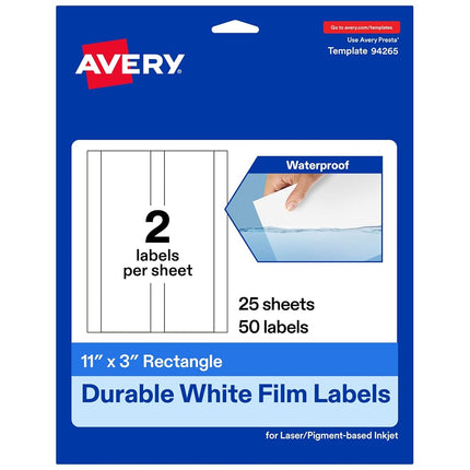 Avery Durable Waterproof Rectangle Labels, 11" x 3", 50 Oil and Tear-Resistant Waterproof Labels, Laser/Pigment-Based Inkjet Printable Labels