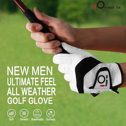 FINGER TEN Golf Gloves Men Left Hand Right Leather 5 Pack, Mens Golf Glove All Weather Grip, Fit Size Small Medium ML Large XL (White(Men Gloves), X-Large(Worn On Left Hand))