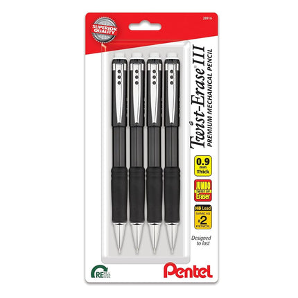 Pentel Mechanical Pen Twist-Erase III Mechanical Pencil, (0.9mm), Bold Line, Black Barrel, Pack of 4 (QE519BP4A)
