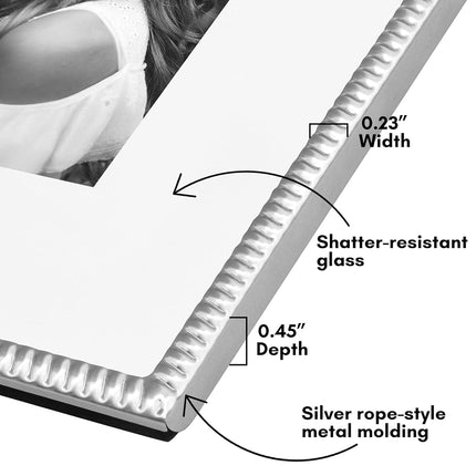 Americanflat 8x10 Picture Frame with Rope-Style Detailing and Shatter-Resistant Glass - Use as 5x7 Frame with Mat or Display 8x10 Photo Without Mat - Metal Picture Frames for Tabletop or Wall - Silver
