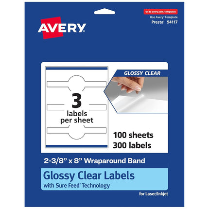 Avery Etiquetas de puros transparentes brillantes con Sure Feed, 2-3/8" x 8", 300 etiquetas transparentes brillantes, imprimibles en láser/inyección de tinta