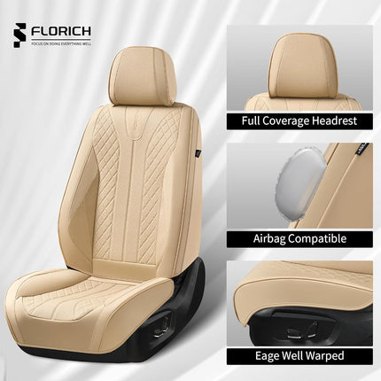 FLORICH Fundas de Asiento de Cuero, Juego Completo de Fundas de Asiento para Coche, Protectores de Asiento Impermeables para Automóvil, 5 Asientos, Funda de Asiento Universal Compatible con la Mayoría de Coches, SUV, Camionetas, Beige