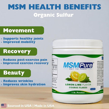 Kala Health MSMPure Lemon-Lime Flavored, Coarse Powder Flakes, Organic Sulfur Crystals, 99.9% Pure Distilled MSM Supplement, Made in The USA, 1 lb