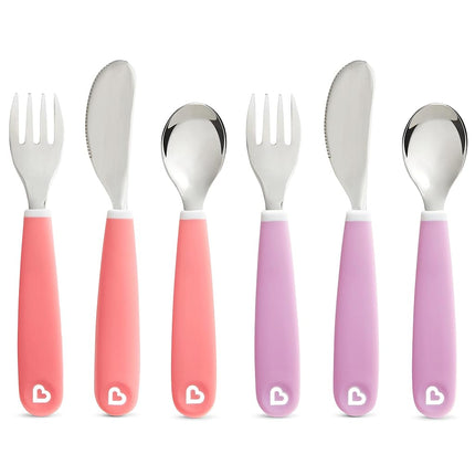 Munchkin Splash Toddler Fork, Knife and Spoon Set, 6 Pack, Pink/Purple