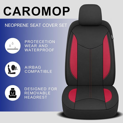 CAROMOP Waterproof Car Seat Cover Full Seats, Neoprene Split Bench Seat Covers for Cars, Universal Fit for Most Car Interior Covers-Sedan Truck SUV(Black/Red)