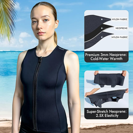 Dizokizo Wetsuit Top Women, 3mm Neoprene Sleeveless Wet Suit Tops Women, Front Zip Jacket Diving Vest for Scuba Kayaking Surfing (XL)