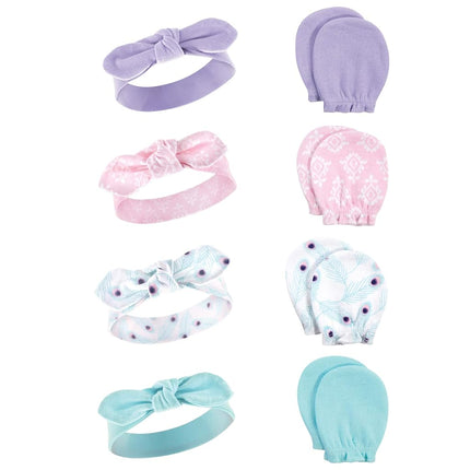 Hudson Baby Baby Girls' Cotton Headband and Scratch Mitten Set, Peacock, 0-6 Month