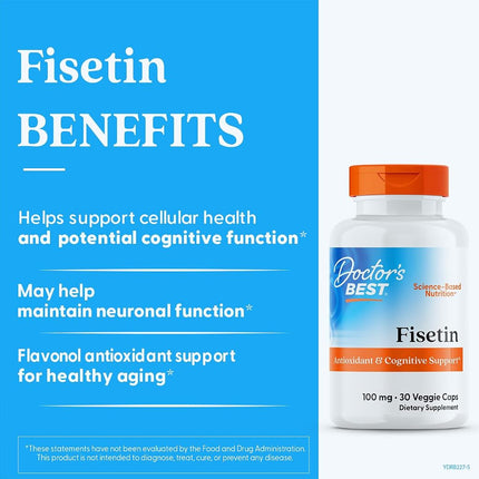 Doctor's Best Fisetin with Novusetin, Non-GMO, Vegan, Gluten Free, Soy Free, 100 mg, 30 Veggie Caps