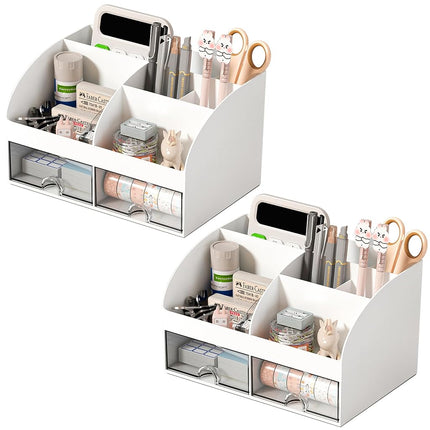 COMFYROOM Organizador de escritorio con 6 compartimentos y 2 cajones, organizador de maquillaje de plástico, portalápices para almacenamiento de escritorio, organizador de escritorio para útiles escolares, hogar, oficina (blanco-2 unidades)