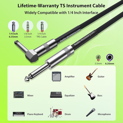 AA AUDIO ACCESSORY Right Angle Guitar Cable 10 ft 2 Pack, Nylon Braided Anti-Kinking Kevlar-Reinforced, 20 AWG 99.99% OFC 1/4 Instrument Cable, AL & OFC Shielded Guitar Cord for Fender Electric Guitar