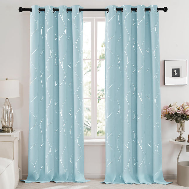 Deconovo Wave Printed Thermal Insulated Blackout Curtains, Room Darkening Curtains 2 Panels for Living Room and Bedroom, Grommet Top Drapes for Glass Sliding Door, 52W x 96L Inch, Set of 2 Panels, Sky Blue
