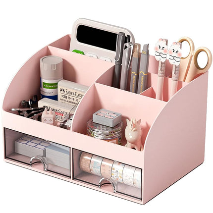 Organizador de escritorio COMFYROOM con 6 compartimentos y 2 cajones, organizador de maquillaje de plástico, portalápices para almacenamiento de escritorio, organización de escritorio para la escuela, el hogar, material de oficina (rosa)