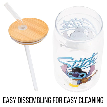 Silver Buffalo Disney Lilo and Stitch Glass Tumbler with Bamboo Lid and Glass Straw Featuring Stitch in an Elvis Costume, 16 Ounces
