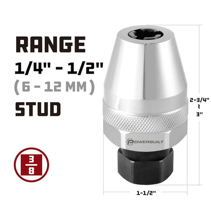 Powerbuil Stud Extractor, Remove Damaged Bolts, Grips and Removes Studes 1/4" to 1/2" or 6mm to 12mm, Compact for Tight Spaces, 3/8" Drive - ‎647794M