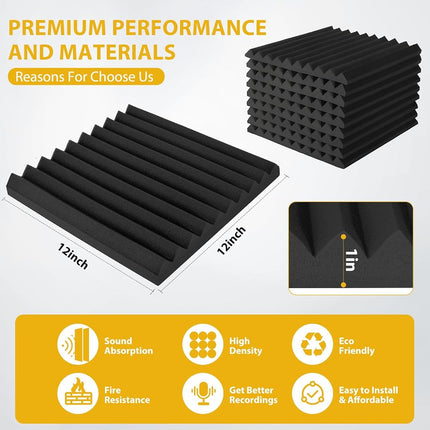 Acoustic Foam Panels 12 Pack 1" x 12"x 12" High Density Soundproofing Wedges for Wall Sound Proof Foam Panels Noise Absorbing Blocker and Sound-Damping Black Perfect for Studio Office Gaming Room