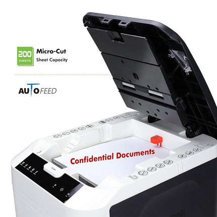 Destructeur de papier micro-coupe haute sécurité Aurora, qualité commerciale, capacité de 200 feuilles en alimentation automatique, 60 minutes, niveau de sécurité P-5