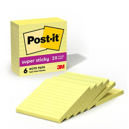 Post-it Super Sticky Lined Notes, 6 Sticky Note Pads, 4 x 4 in., School Supplies for Students, Ideal for Textbooks, Notebooks, Walls and Vertical Surfaces, Canary Yellow