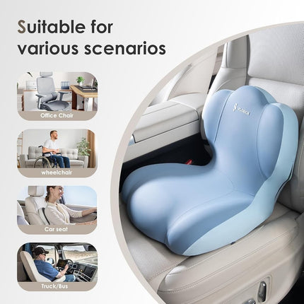 Cojín de asiento de camión de espuma viscoelástica FLORICH con correa ajustable, cojín de asiento y almohada de soporte lumbar para silla de oficina de coche, soporte ergonómico para la espalda y alivio de la ciática para viajes largos (azul