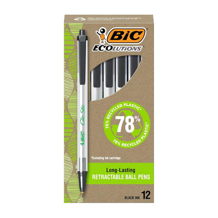 BIC Ecolutions Clic Stic Black Ballpoint Pens, Medium Point (1.0mm), 12-Count Pack, Retractable Ball Point Pens Made from 78% Recycled Plastic