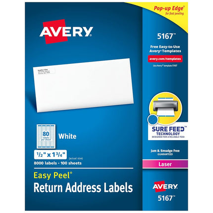 Avery 5167 Self-Adhesive Labels 8,000 Items White 44.5 mm 12.7 mm 8000 Pieces 100 Sheets Box