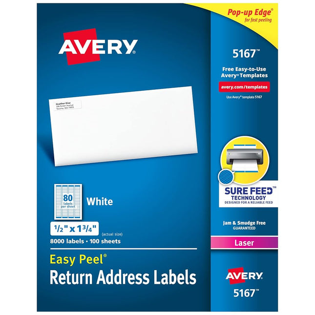 Avery 5167 Self-Adhesive Labels 8,000 Items White 44.5 mm 12.7 mm 8000 Pieces 100 Sheets Box